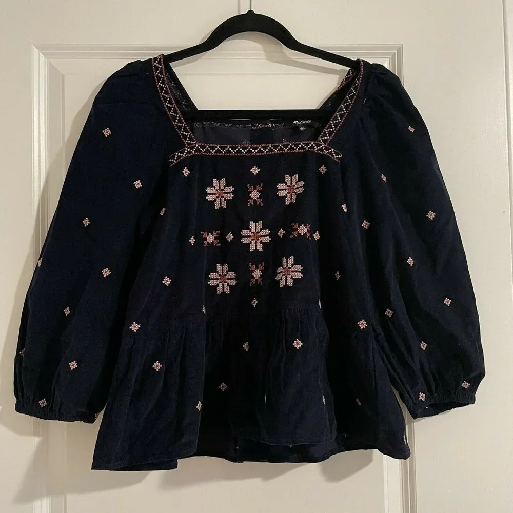 Madewell Embroidered Navy Blue Corduroy Button-Back Peplum Blouse - Size XS